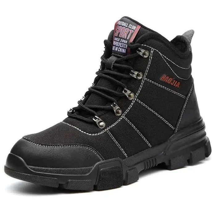 Black men's steel toe safety shoes from Mead's Supply & Equipment Outfitters, designed for protective work footwear and durability.