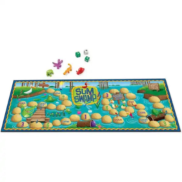 Swamp-themed math board game with a winding stone path, four colorful animal tokens, and three math dice.