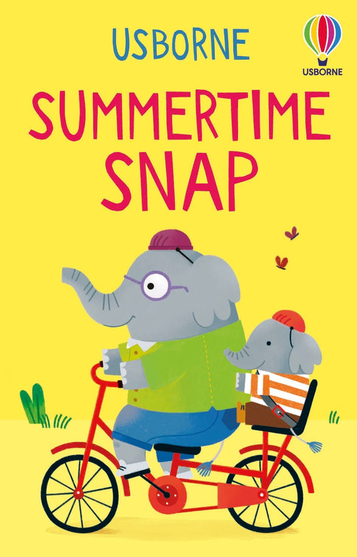 Yellow game cover featuring a large and small elephant riding a red bicycle with bold pink text.