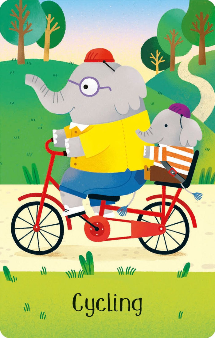 Illustration of two elephants riding a red bicycle in a park. Text at the bottom reads Cycling.