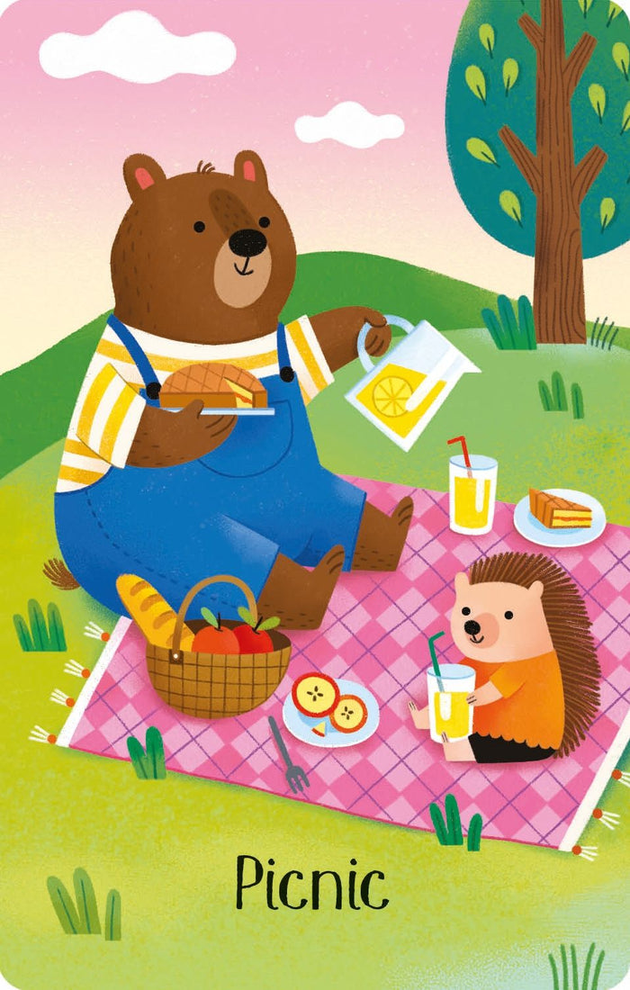 Illustration of a brown bear and hedgehog having a picnic with lemonade on a pink checkered blanket.