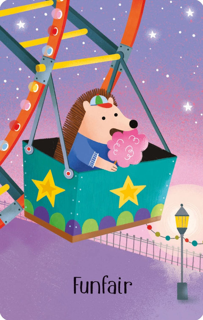 Illustration of a hedgehog eating pink cotton candy in a teal Ferris wheel car under a starry night sky with Funfair text.