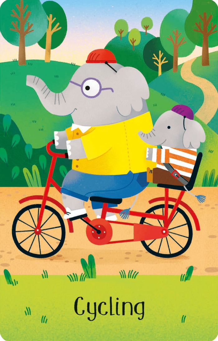 Illustration of a large elephant riding a red bicycle with a baby elephant on the back, labeled Cycling.