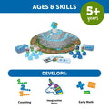 Math board game for ages 5+ featuring a mountain board, character pieces, and icons for counting and early math.