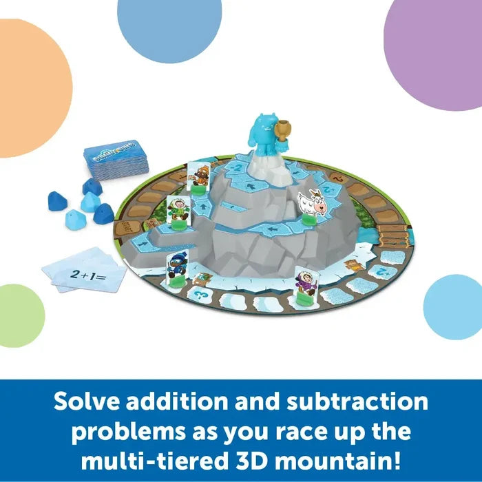 3D gray mountain board game with colorful character pieces and math cards on a circular green and icy track.
