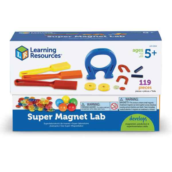 Learning Resources Super Magnet Lab box with colorful magnetic wands, horseshoe magnets, marbles, and 119 pieces.