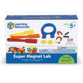 Learning Resources Super Magnet Lab box with colorful magnetic wands, horseshoe magnets, marbles, and 119 pieces.