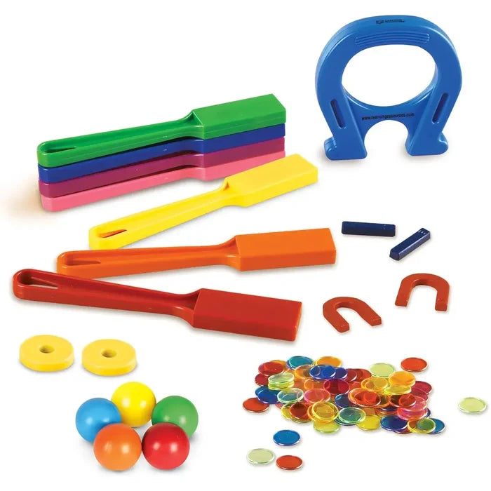 Colorful magnetic wands, horseshoe magnets, bar magnets, rings, balls, and translucent chips in bright primary colors.