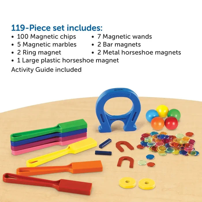 119-piece magnet kit with colorful wands, large blue horseshoe, marbles, bar magnets, and translucent counting chips.