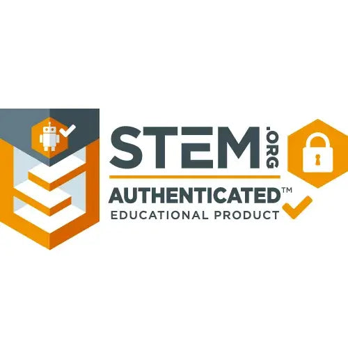 STEM.org Authenticated Educational Product logo in orange and grey with a shield, robot icon, lock, and checkmark.