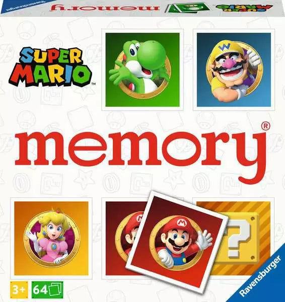 Super Mario memory game box featuring Mario, Yoshi, Peach, and Wario tiles on a white patterned background.