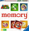 Super Mario memory game box featuring Mario, Yoshi, Peach, and Wario tiles on a white patterned background.
