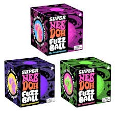 Three square boxes for Super NeeDoh Fuzz Balls in pink, purple, and green with fuzzy textures and cosmic patterns.