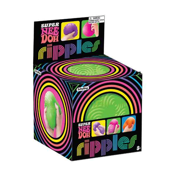 Black box with neon rainbow rings and a green rippled ball inside. Small images show hands squeezing colorful dough.