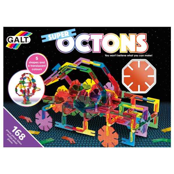 Galt Super Octons box showing a colorful vehicle built from 168 translucent, interlocking geometric shapes.