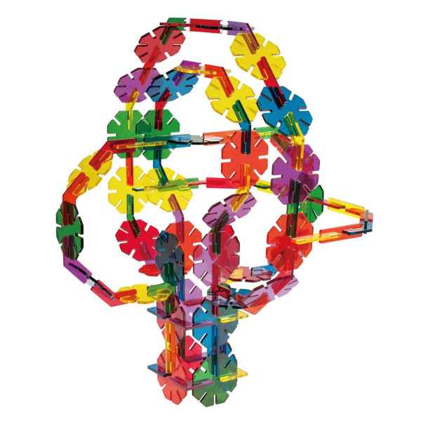Abstract structure made from interlocking translucent octagons and connector pieces in vibrant rainbow colors.