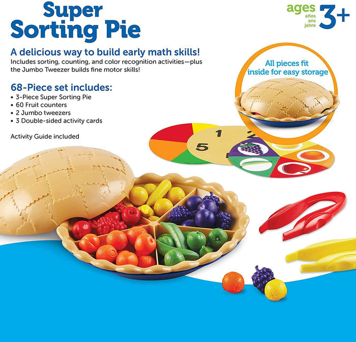 Tan toy pie with colorful fruit sorted into sections, plus jumbo red and yellow tweezers and sorting activity cards.