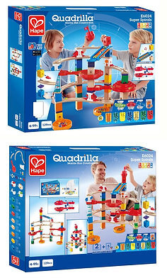 Front and back of blue Hape boxes for a wooden marble run with colorful building blocks and red spiral tracks.