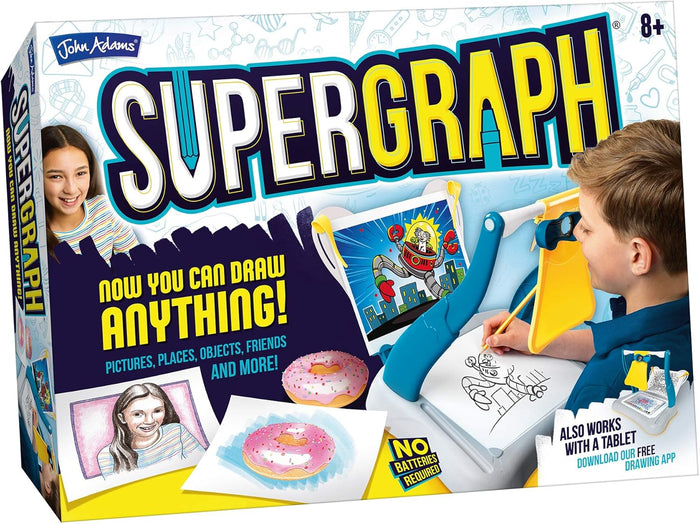 Supergraph toy box showing a boy using a blue and yellow optical tracer to copy a cartoon robot onto white paper.