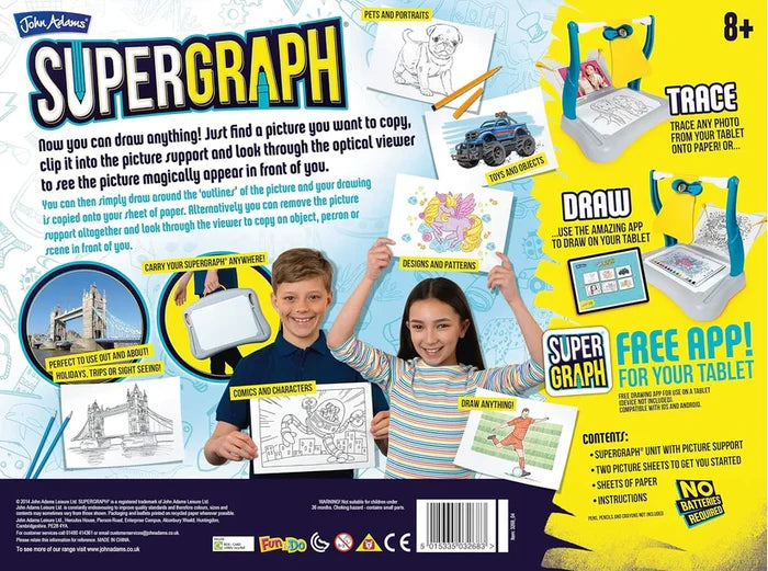 Bright yellow and blue packaging for a tracing toy featuring children with drawings of a unicorn, pug, and a robot.