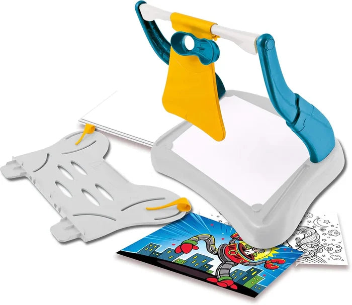 Gray and teal drawing tool with a yellow viewing lens, white paper, and a colorful robot illustration to trace.