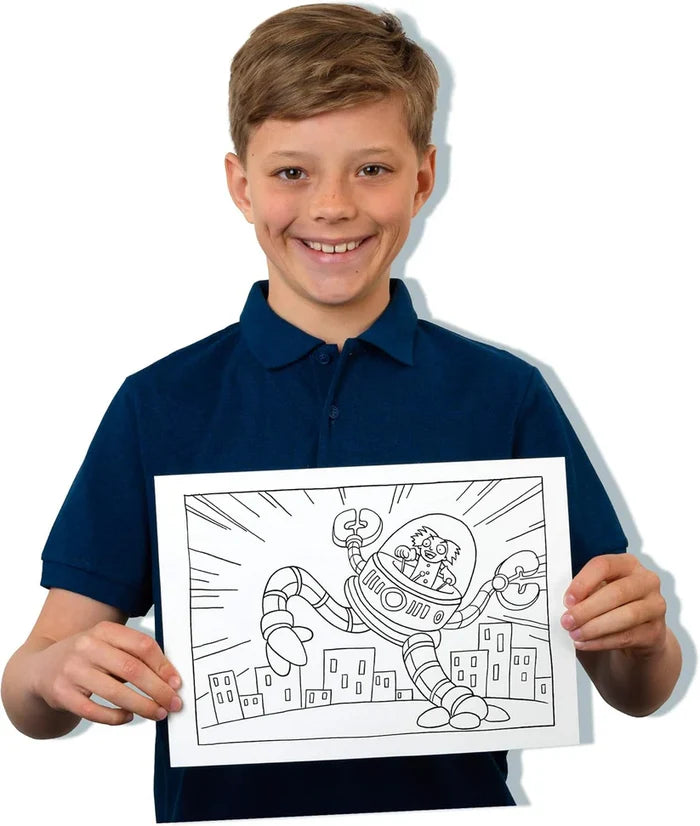 Smiling boy holding a black and white line drawing of a giant robot attacking a city.