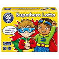 Yellow Orchard Toys Superhero Lotto box featuring two children in superhero costumes against a red starburst.