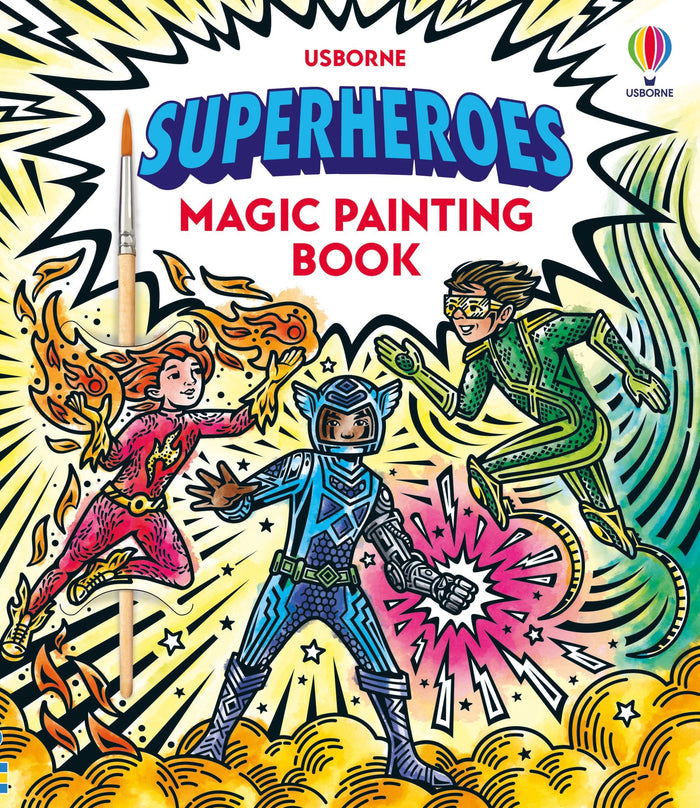 Vibrant comic-style book cover featuring three superheroes and an included wooden paintbrush.