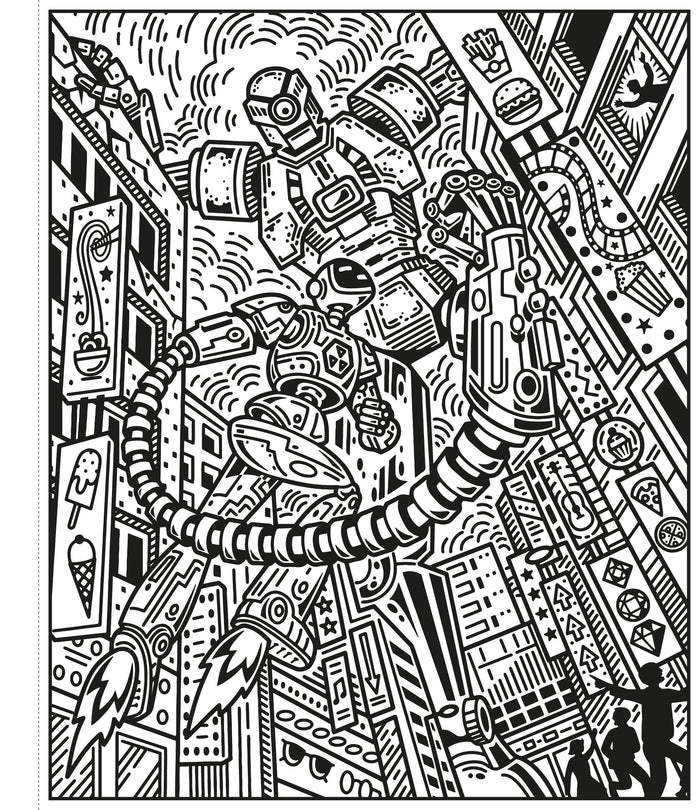 Black and white line art of giant robots fighting in a detailed city with signs, rocket boots, and mechanical arms.