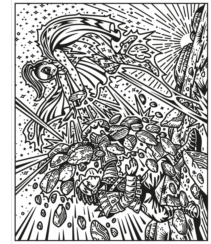 Black and white line art of a caped superheroine flying through stars to battle a rock-armored villain.