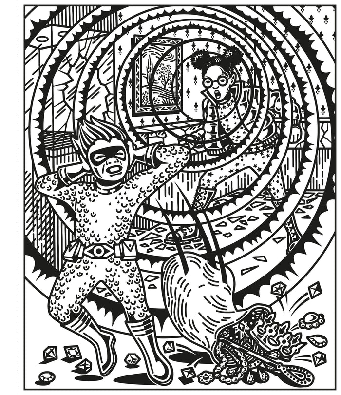 Black and white line art of two young superheroes in a room with swirling patterns and a bag of spilled jewels.