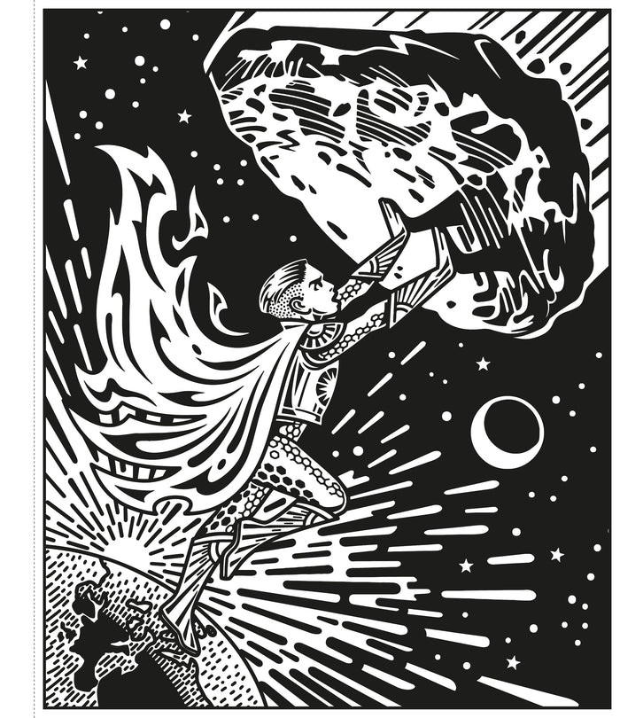 Black and white illustration of a caped superhero in space pushing a giant meteor away from Earth.