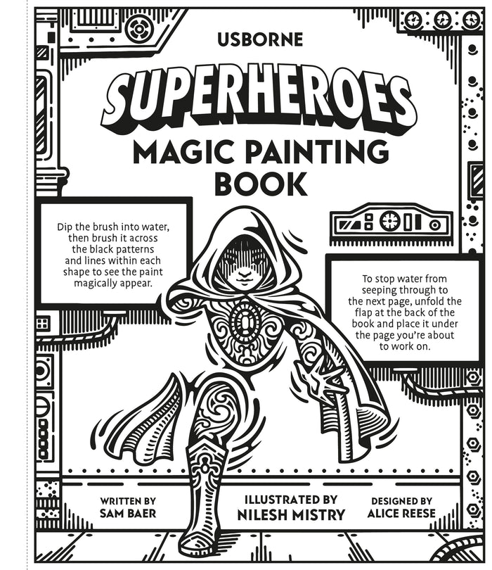 Black and white cover of a hooded figure with gear borders and text on how to reveal colors with water and a brush.