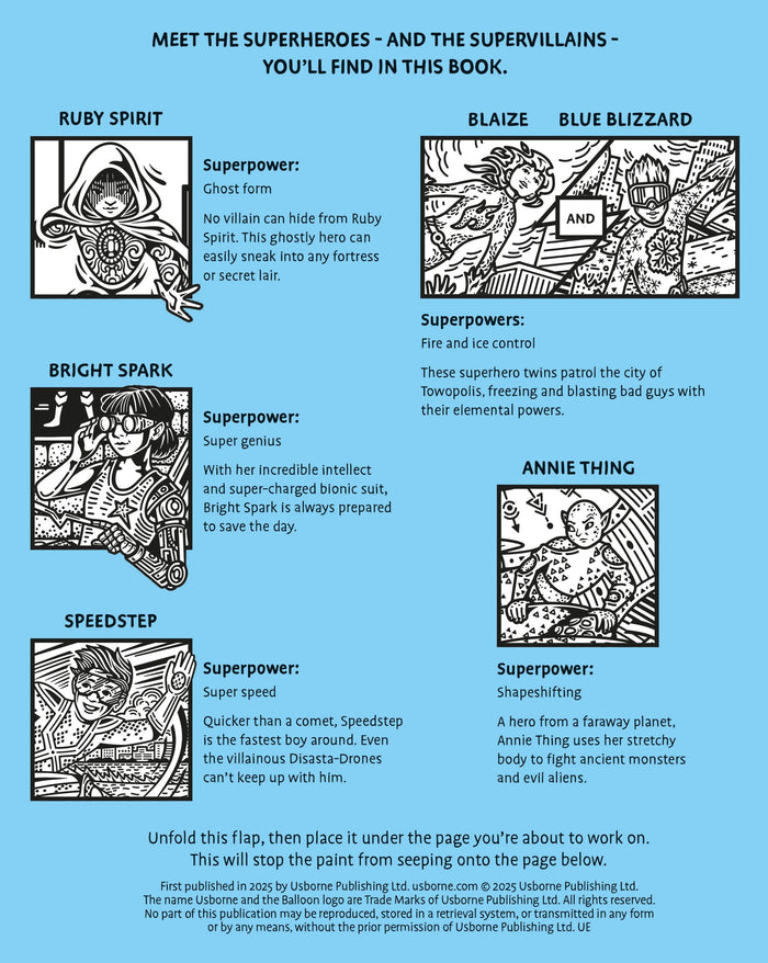 Black and white comic illustrations of five superheroes on a light blue page with descriptions of their superpowers.