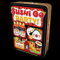Rectangular black metal tin featuring colorful, smiling cartoon sushi, red bubble letters, and bamboo-patterned sides.