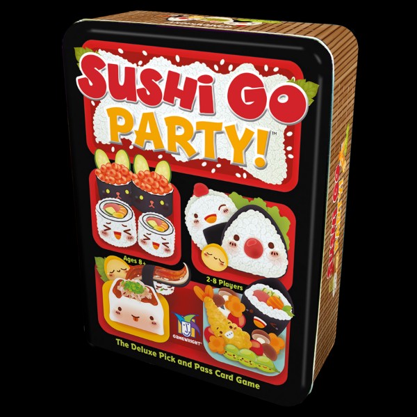Rectangular black metal tin featuring colorful, smiling cartoon sushi, red bubble letters, and bamboo-patterned sides.