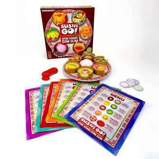 Board game set with a red box, spinning platter of food tokens, and five vibrant menu cards on a white background.