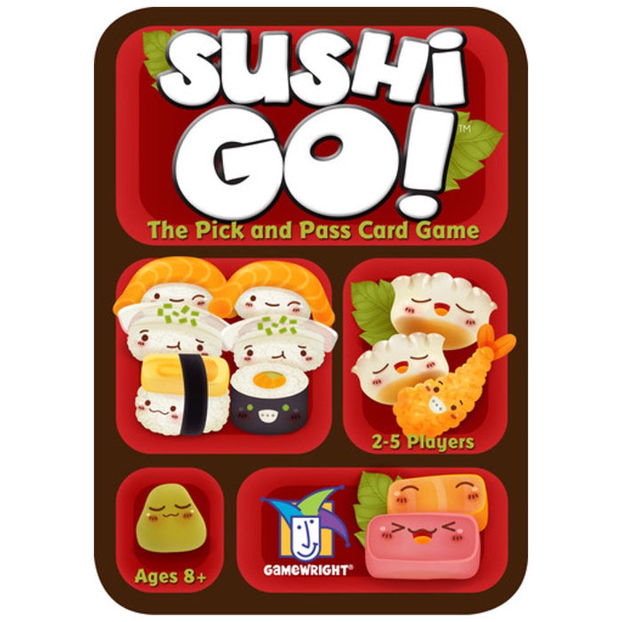 Sushi Go! card game tin featuring cute, smiling sushi illustrations and bubble lettering on a red and brown background.