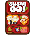 Sushi Go! card game tin featuring cute, smiling sushi illustrations and bubble lettering on a red and brown background.
