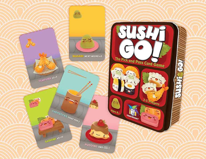 Sushi Go! The Pick and Pass Card Game shown with its illustrated game box and several sample cards on a patterned beige background.