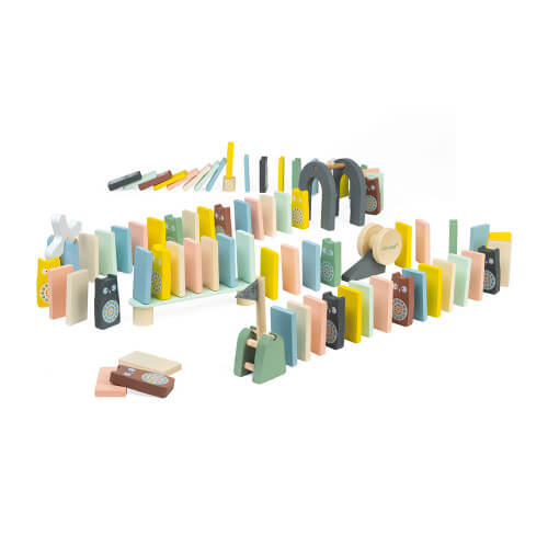 Pastel-colored wooden domino tiles and owl blocks arranged in a winding course with bridge and wheel obstacles.