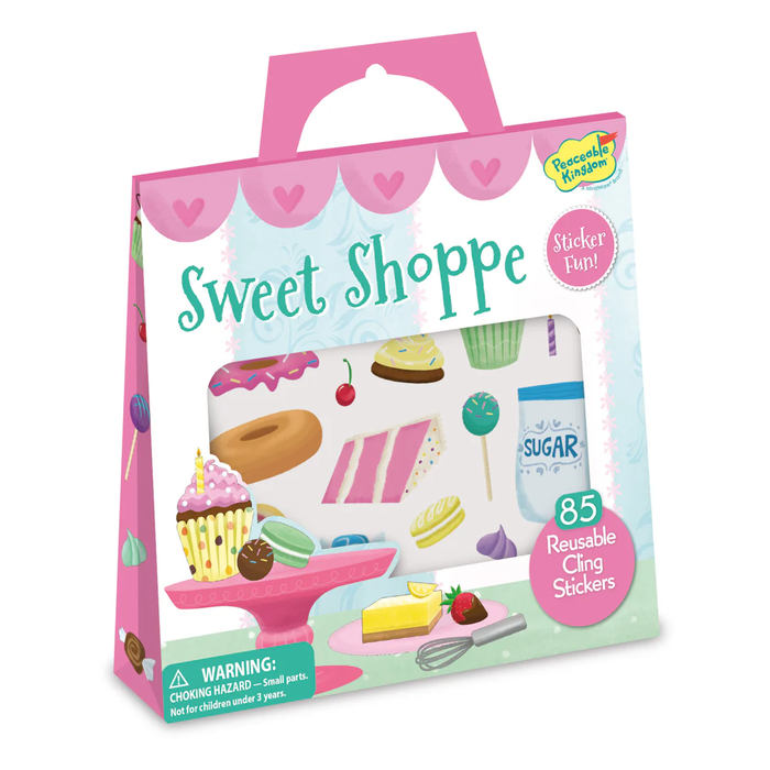 Pink handle-top bag for Sweet Shoppe with colorful donut and cupcake illustrations and 85 reusable stickers.