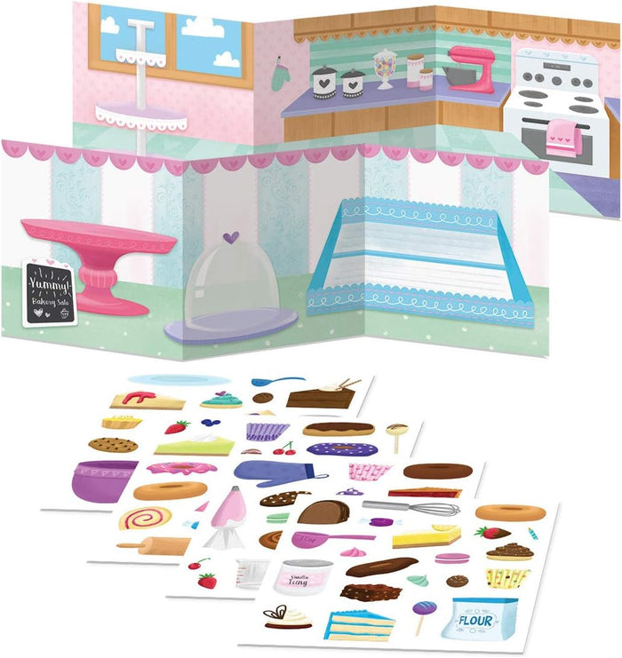 Fold-out pink and teal bakery scene with multiple sticker sheets of cakes, donuts, and baking utensils.