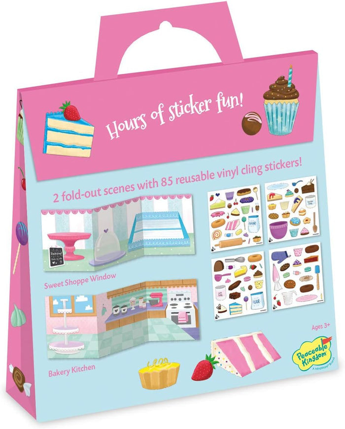Pink and blue tote-style sticker activity set featuring sweet treats, two fold-out scenes, and 85 reusable stickers.