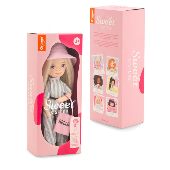 Blonde doll in a blue striped jumpsuit and pink bucket hat inside a pink Sweet Sisters box, front and side views.