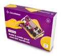 Purple and yellow box for a DIY synth kit featuring a clear electronic device with black knobs and sliders.