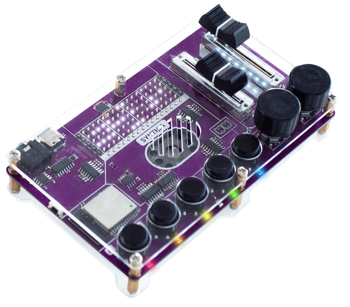 Purple DIY music synthesizer with black sliders, knobs, buttons, and a glowing LED matrix under a clear cover.