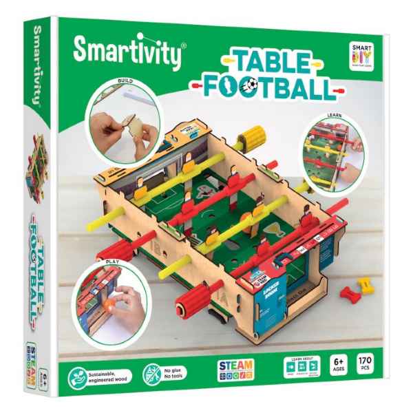 Smartivity DIY wooden table football kit box showing a green field, red and yellow players, and assembly inset images.