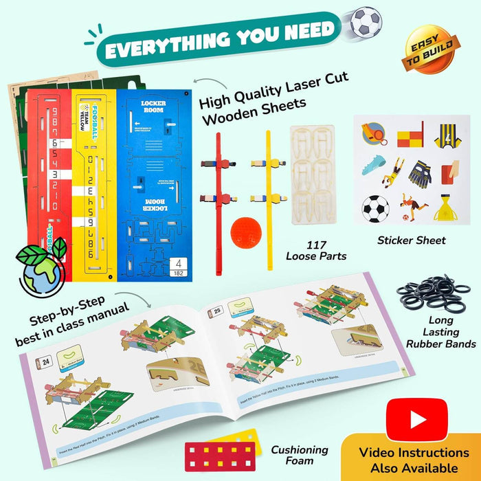 DIY table football kit with colorful laser-cut wood sheets, 117 parts, rubber bands, stickers, and an instruction manual.