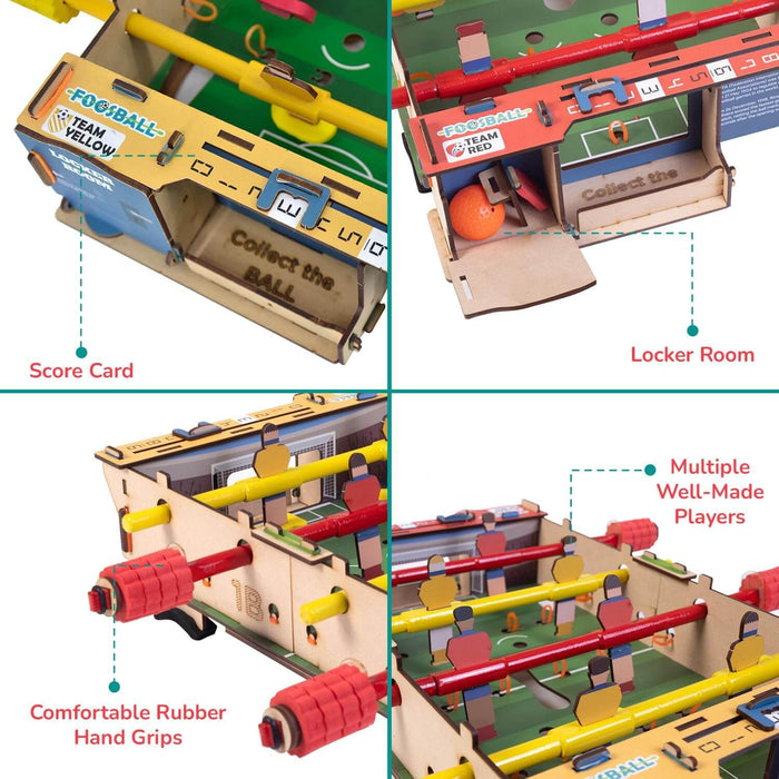 Wooden tabletop foosball game with sliding scorecards, locker room ball storage, red rubber grips, and wooden players.